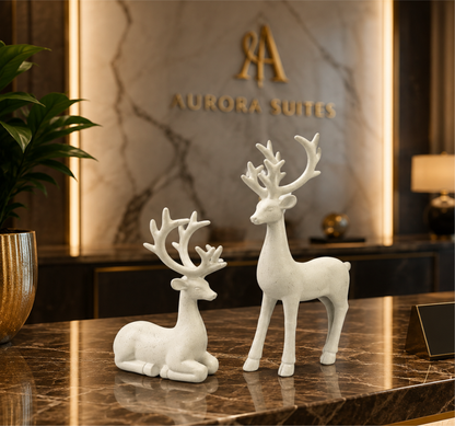 Luxury White Deer Pair Showpiece Set, Premium Resin Deer Figurines