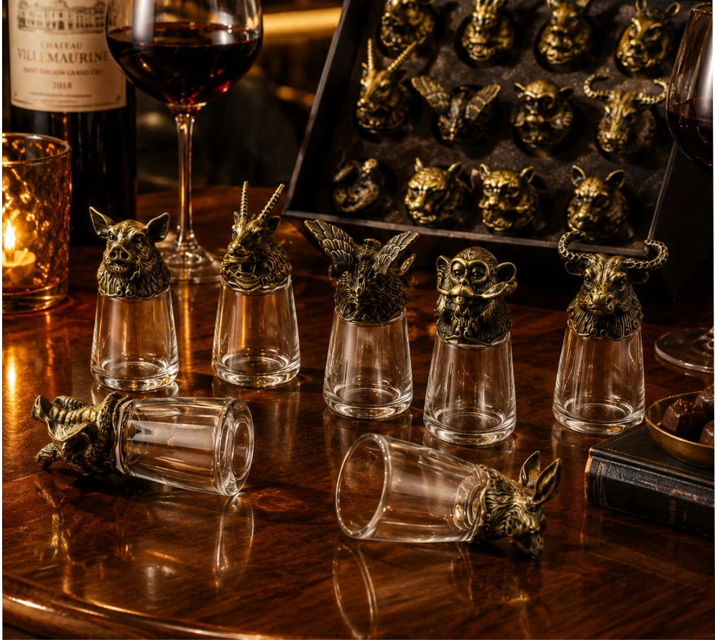 Luxury Animal Head Shot Glass Set with Black Gift Box, Premium Antique Finish Barware