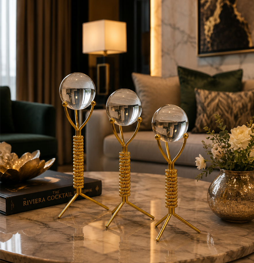 Aura Crystal Orb Decorative Sculpture Set (Set of 3) - Gold Finish Modern Table Decor