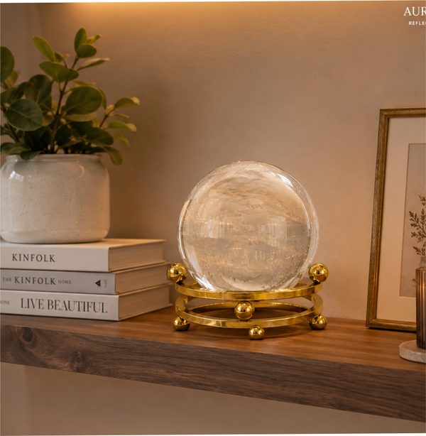Crystal Clarity Ball with Golden Stand, Premium Crystal Glass Sphere Decorative Showpiece