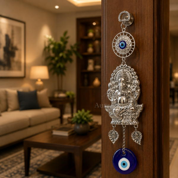 Ganesha Evil Eye Wall Hanging by Aura & Hues displayed on a wooden door frame in a warm living room setting
