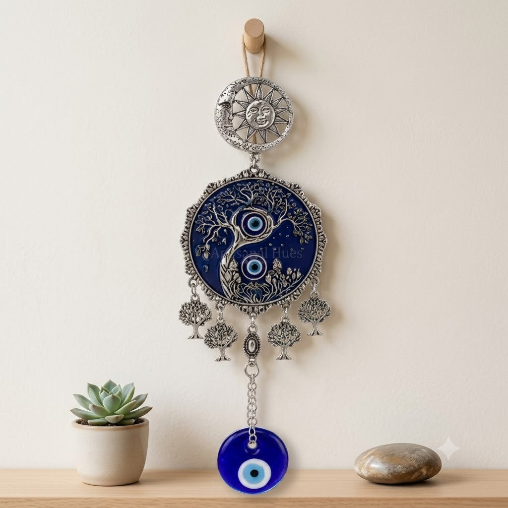 Evil Eye Yin Yang Tree of Life Wall Hanging with sun moon charm and blue glass evil eye pendant