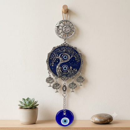 Evil Eye Yin Yang Tree of Life Wall Hanging with sun moon charm and blue glass evil eye pendant