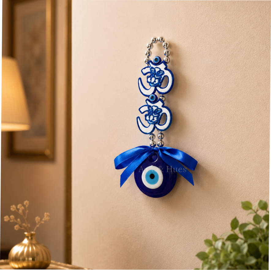Evil Eye Om Wall Hanging with Blue Ribbon - Small