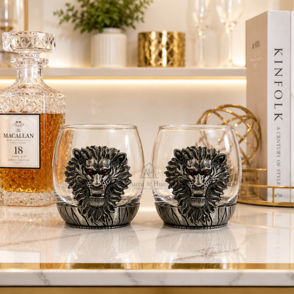Premium Luxury Whisky Tumbler Glasses with Metal Lion Head & Base Set of 2, Designer Scotch, Bourbon & Cocktail Glasses