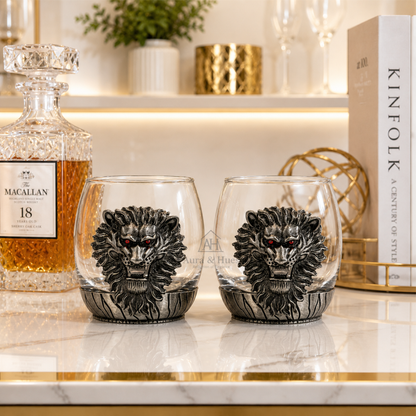 Premium Luxury Whisky Tumbler Glasses with Metal Lion Head & Base Set of 2, Designer Scotch, Bourbon & Cocktail Glasses