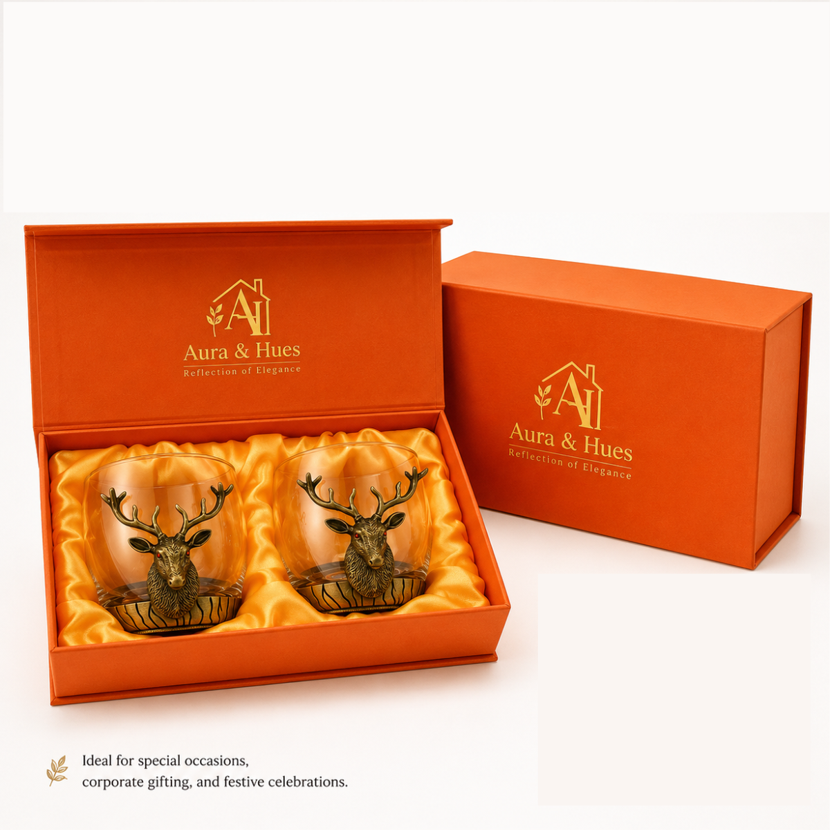 Premium Luxury Whisky Tumbler Glasses with Metal Deer Head & Base Set of 2, Designer Scotch, Bourbon & Cocktail Glasses