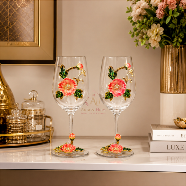 Wine Glasses Set Pink Flower