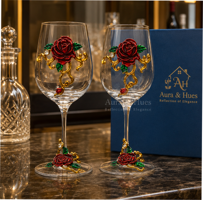 Aura & Hues Hand-Painted Red Rose Wine Glass Set of 2 with gift box