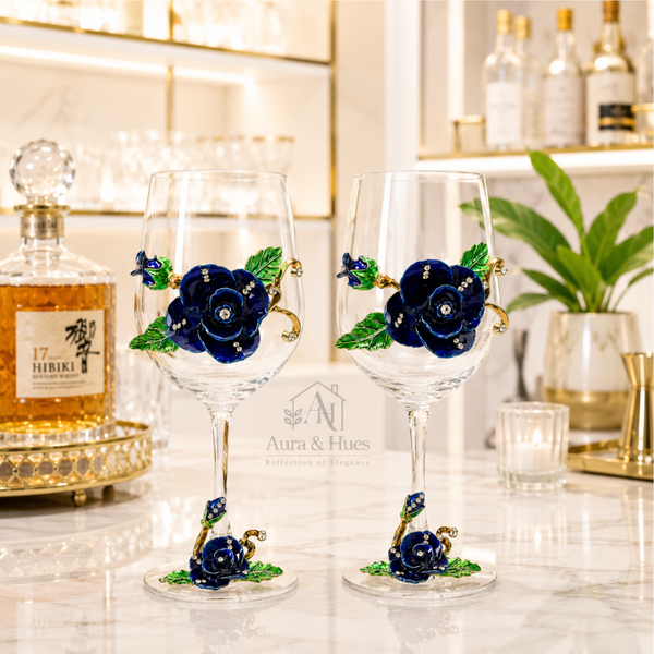 Wine Glasses Set Blue Flower