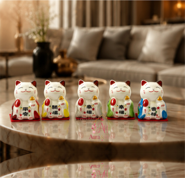 Lucky Cat Set of 5 | Maneki Neko Ceramic Figurines