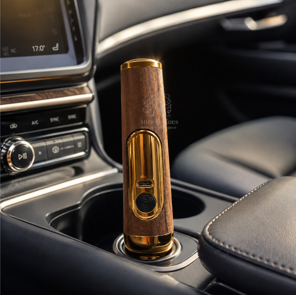 Aura & Hues Lighter Golden car diffuser in walnut wood and gold finish, placed in car cup holder