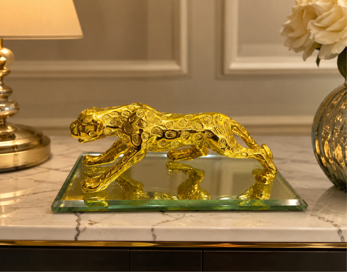 Royal Beast Golden Jaguar With Glass Decorative Showpiece