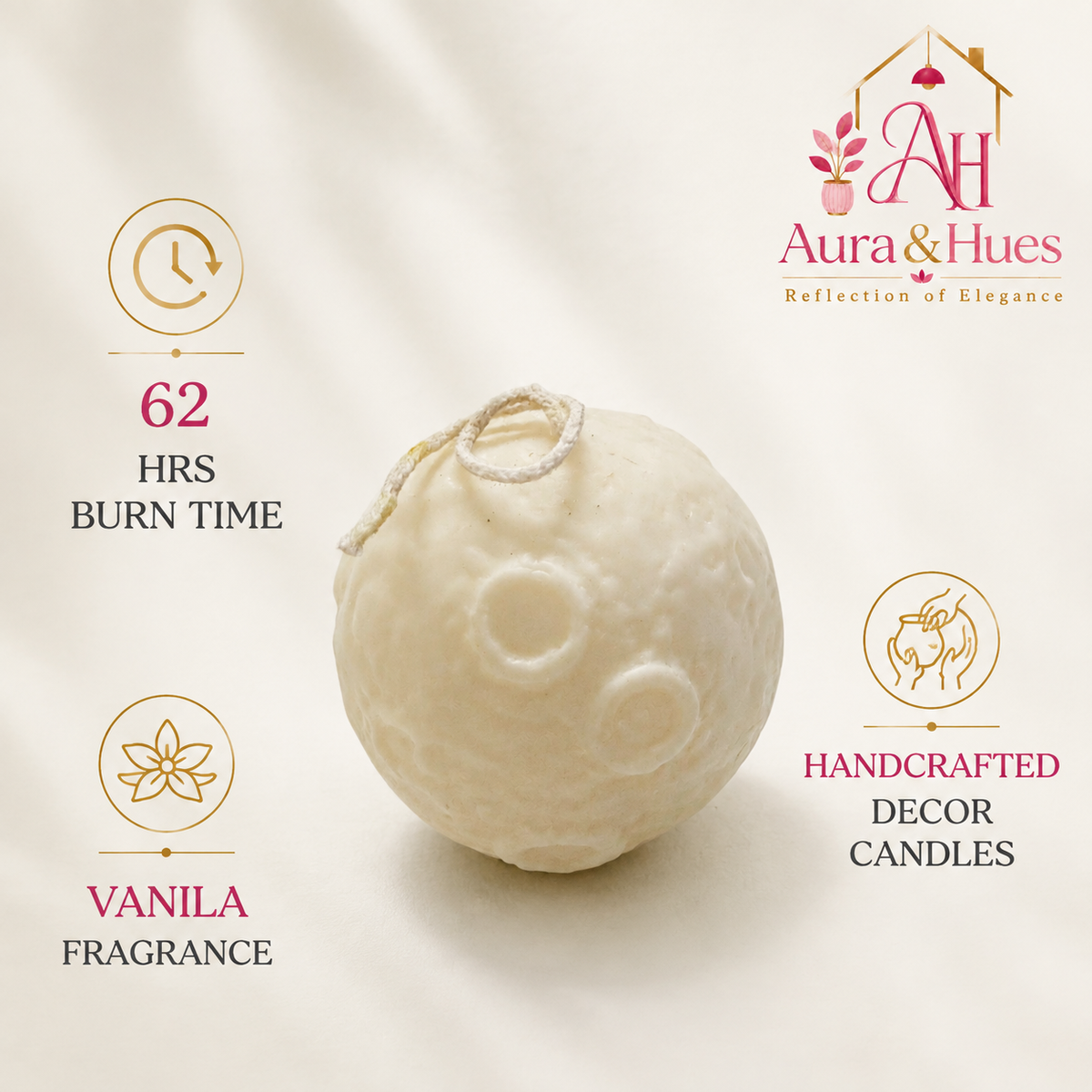 Aura & Hues Moon-Shaped Vanilla Scented Candle, Handcrafted Ivory Sphere Candle with Crater Texture, Decorative Candle for Home Décor, Birthday & Housewarming Gifting