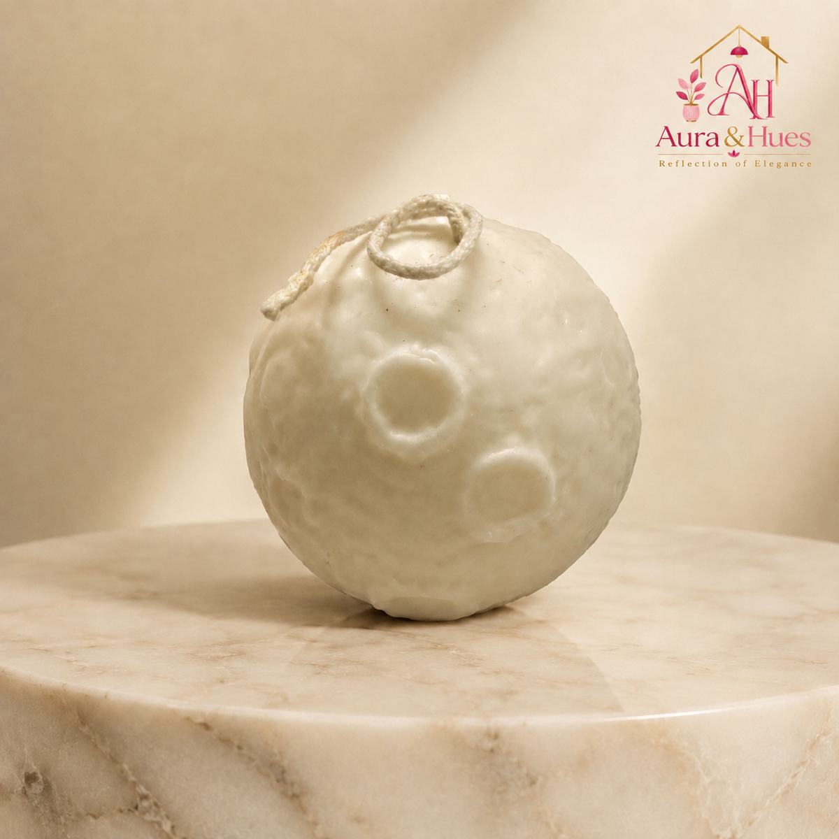 Aura & Hues Moon-Shaped Vanilla Scented Candle, Handcrafted Ivory Sphere Candle with Crater Texture, Decorative Candle for Home Décor, Birthday & Housewarming Gifting