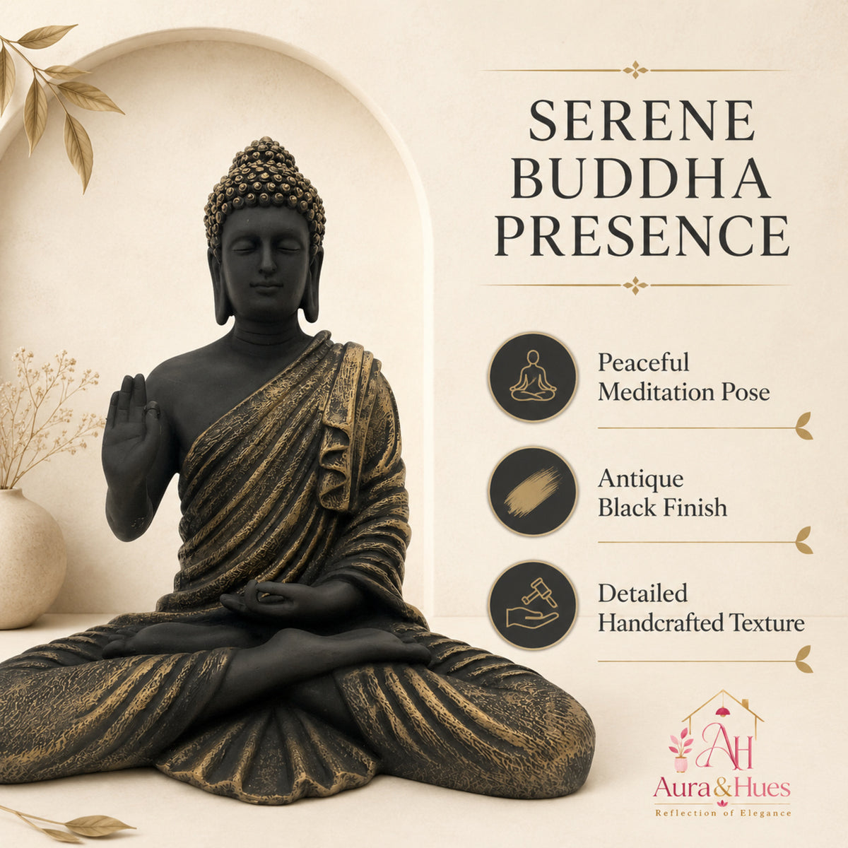 Meditating Dhyana Buddha Idol - Antique Textured Black