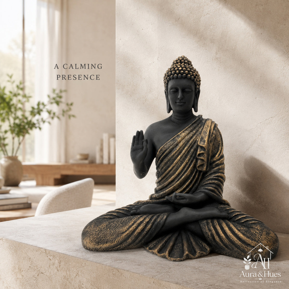 Meditating Dhyana Buddha Idol - Antique Textured Black
