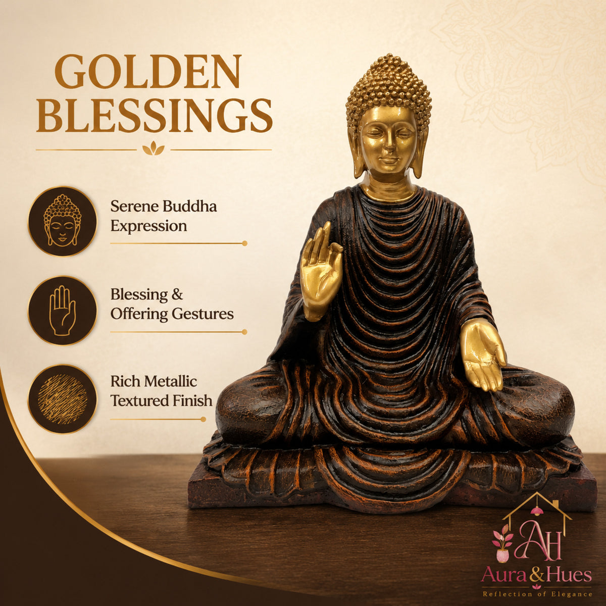 Serene Blessing Buddha Statue - Metallic Gold & Dark Brown