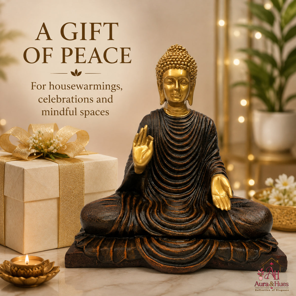 Serene Blessing Buddha Statue - Metallic Gold & Dark Brown