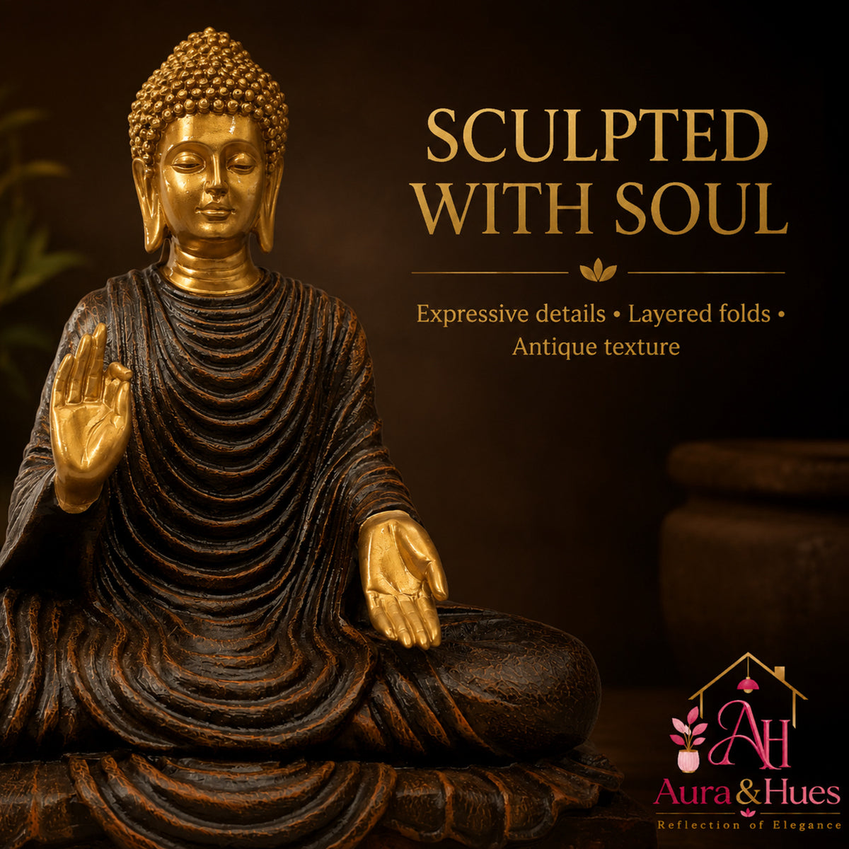 Serene Blessing Buddha Statue - Metallic Gold & Dark Brown