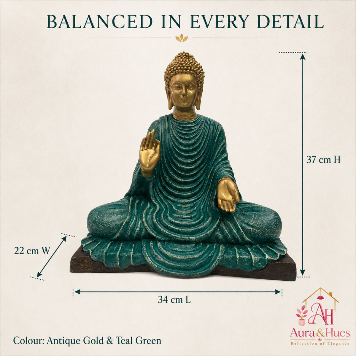 Serene Blessing Buddha Statue - Antique Gold & Teal Green