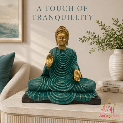 Serene Blessing Buddha Statue - Antique Gold & Teal Green