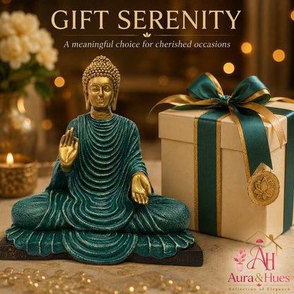 Serene Blessing Buddha Statue - Antique Gold & Teal Green