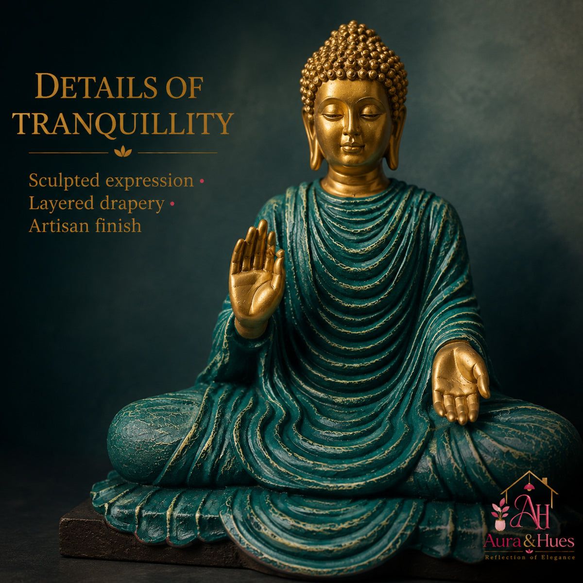Serene Blessing Buddha Statue - Antique Gold & Teal Green