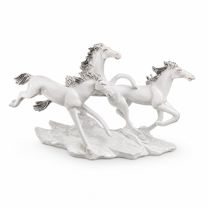Vastu Auspicious Trio Galloping Horses Statue - Pristine White
