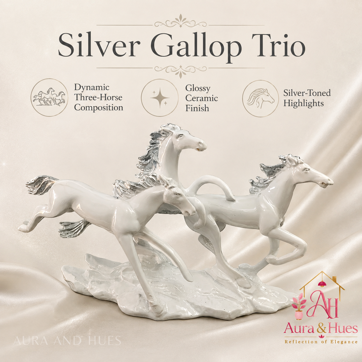 Vastu Auspicious Trio Galloping Horses Statue - Pristine White