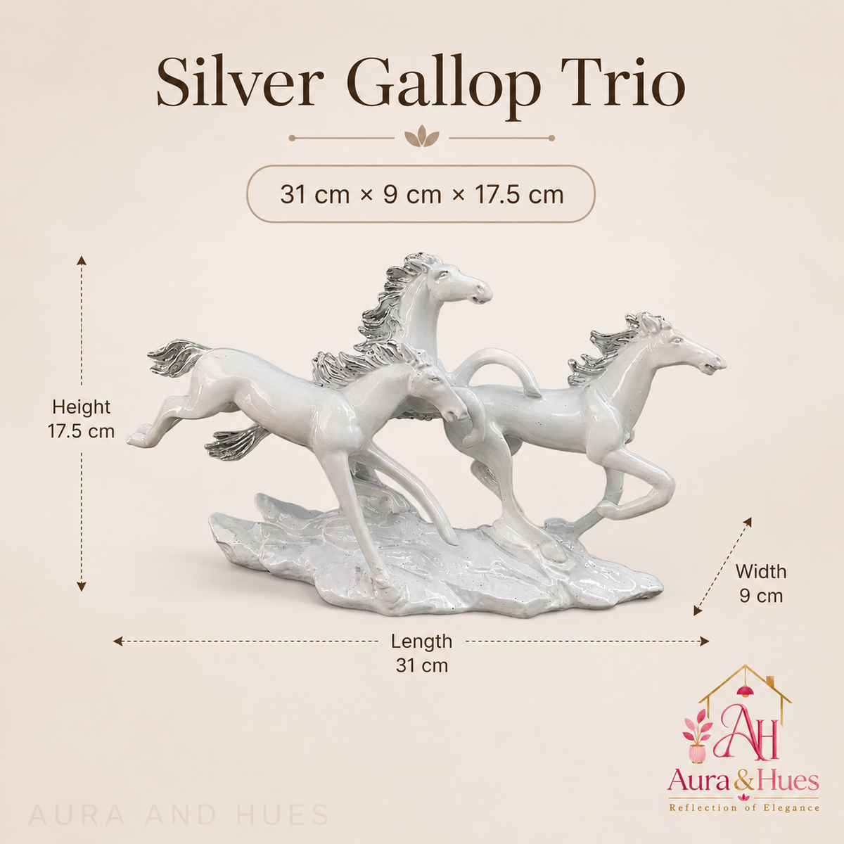 Vastu Auspicious Trio Galloping Horses Statue - Pristine White