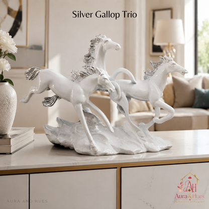 Vastu Auspicious Trio Galloping Horses Statue - Pristine White