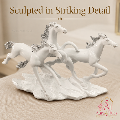Vastu Auspicious Trio Galloping Horses Statue - Pristine White