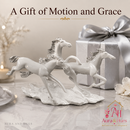 Vastu Auspicious Trio Galloping Horses Statue - Pristine White