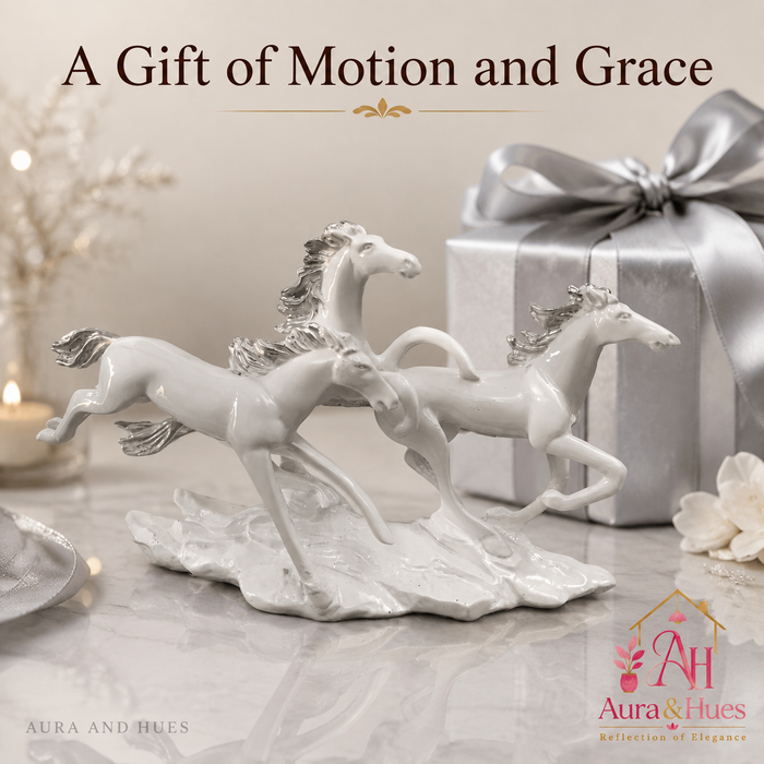Vastu Auspicious Trio Galloping Horses Statue - Pristine White
