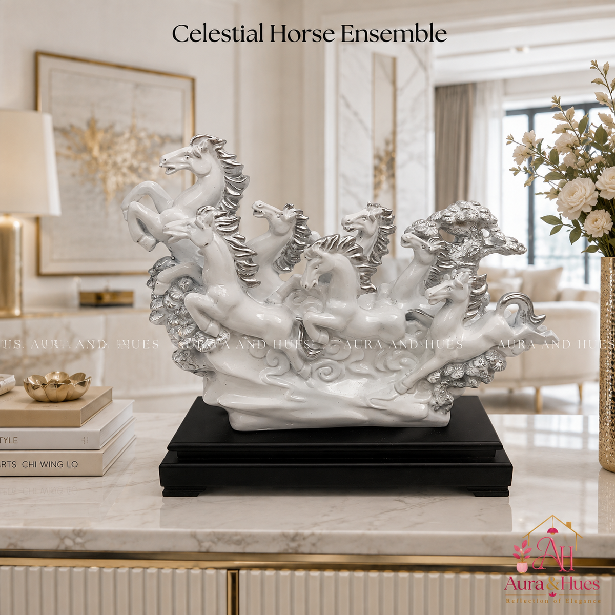 Vastu Regal Rearing Stallion Figurine - White & Black Base