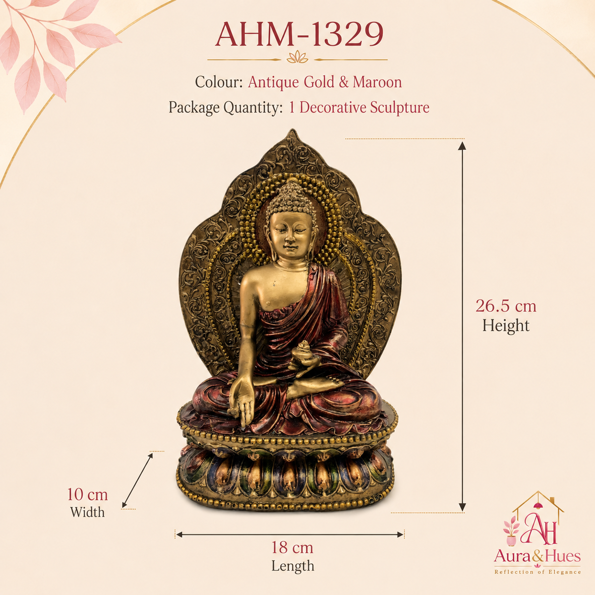 Regal Crown Buddha Serenity Bust - Antique Gold & Deep Maroon