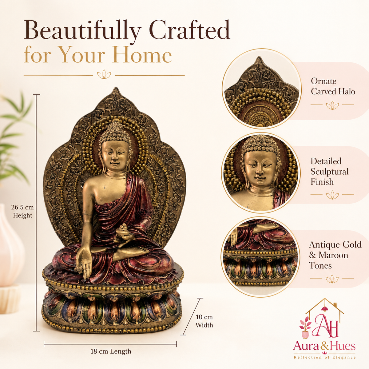 Regal Crown Buddha Serenity Bust - Antique Gold & Deep Maroon