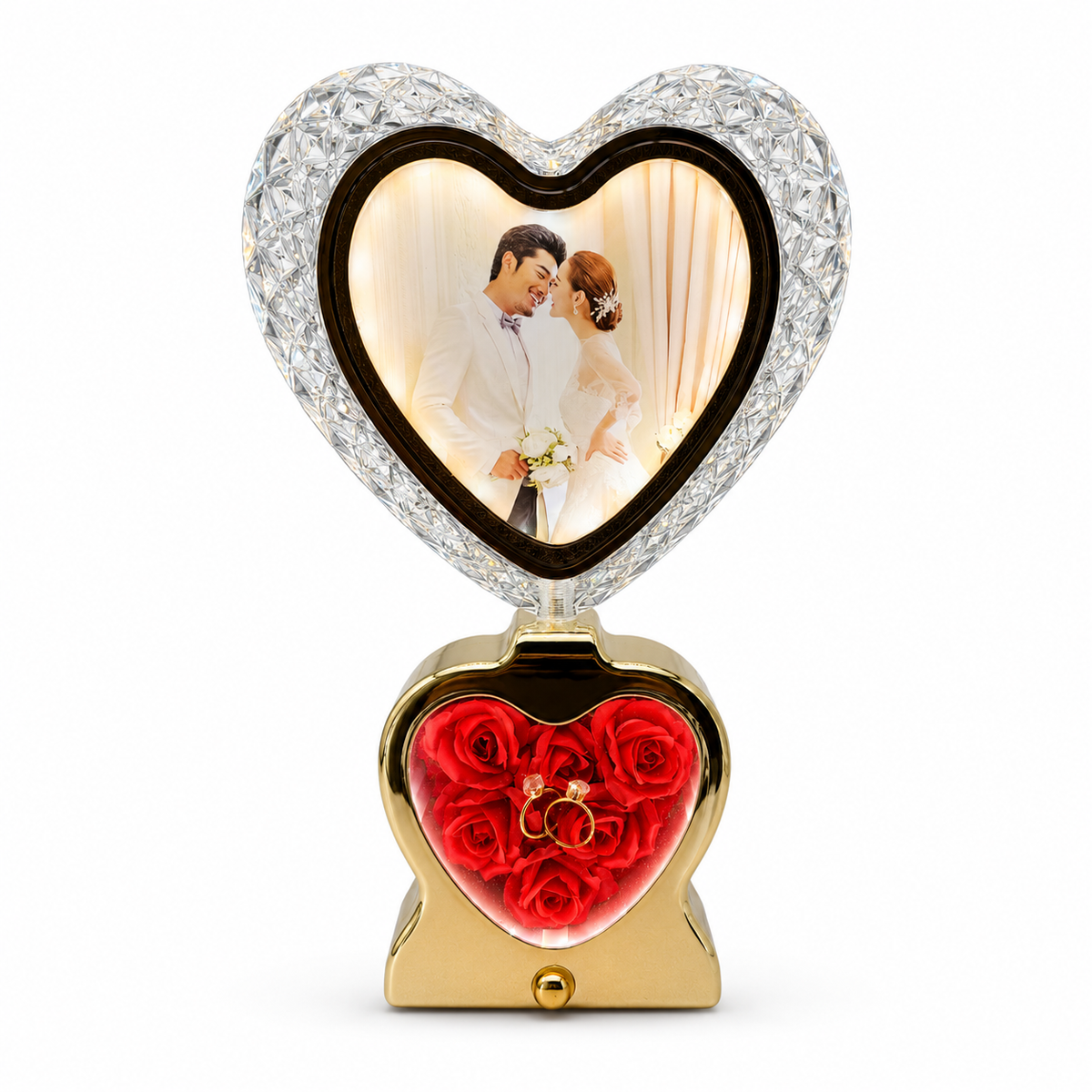 Crystal heart photo frame with black base and pink roses - dark background