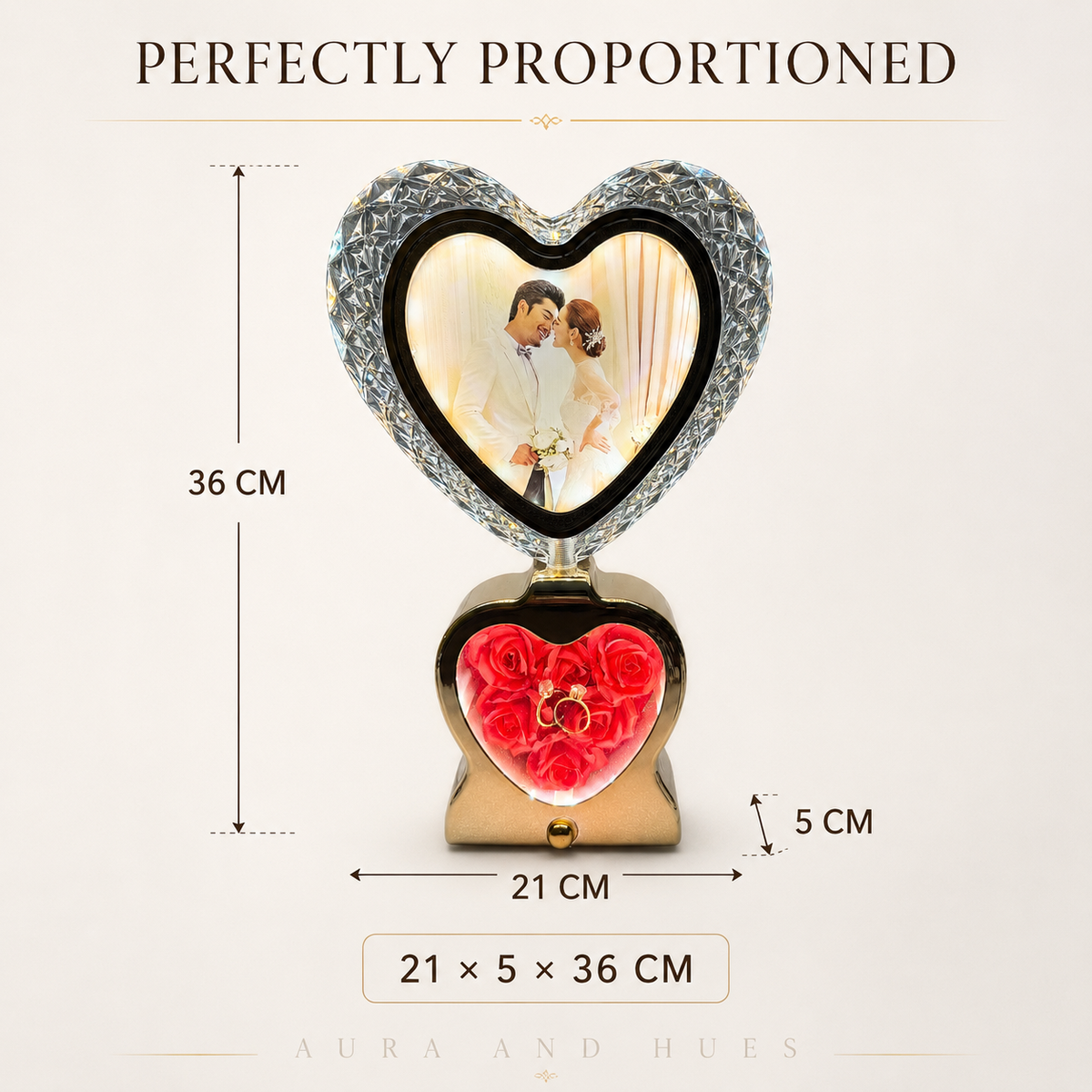 Crystal heart photo frame with gold base and red roses - lifestyle shot