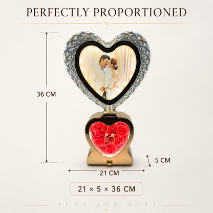 Crystal heart photo frame with gold base and red roses - lifestyle shot