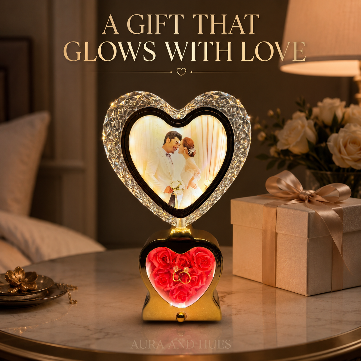 Crystal heart photo frame with gold base and pink roses - white background