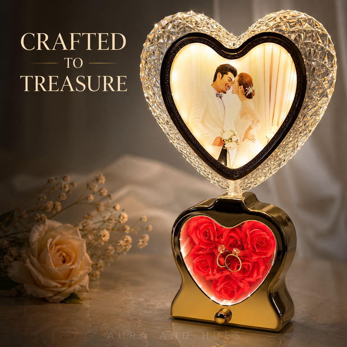 Crystal heart photo frame with gold base and red roses - white background