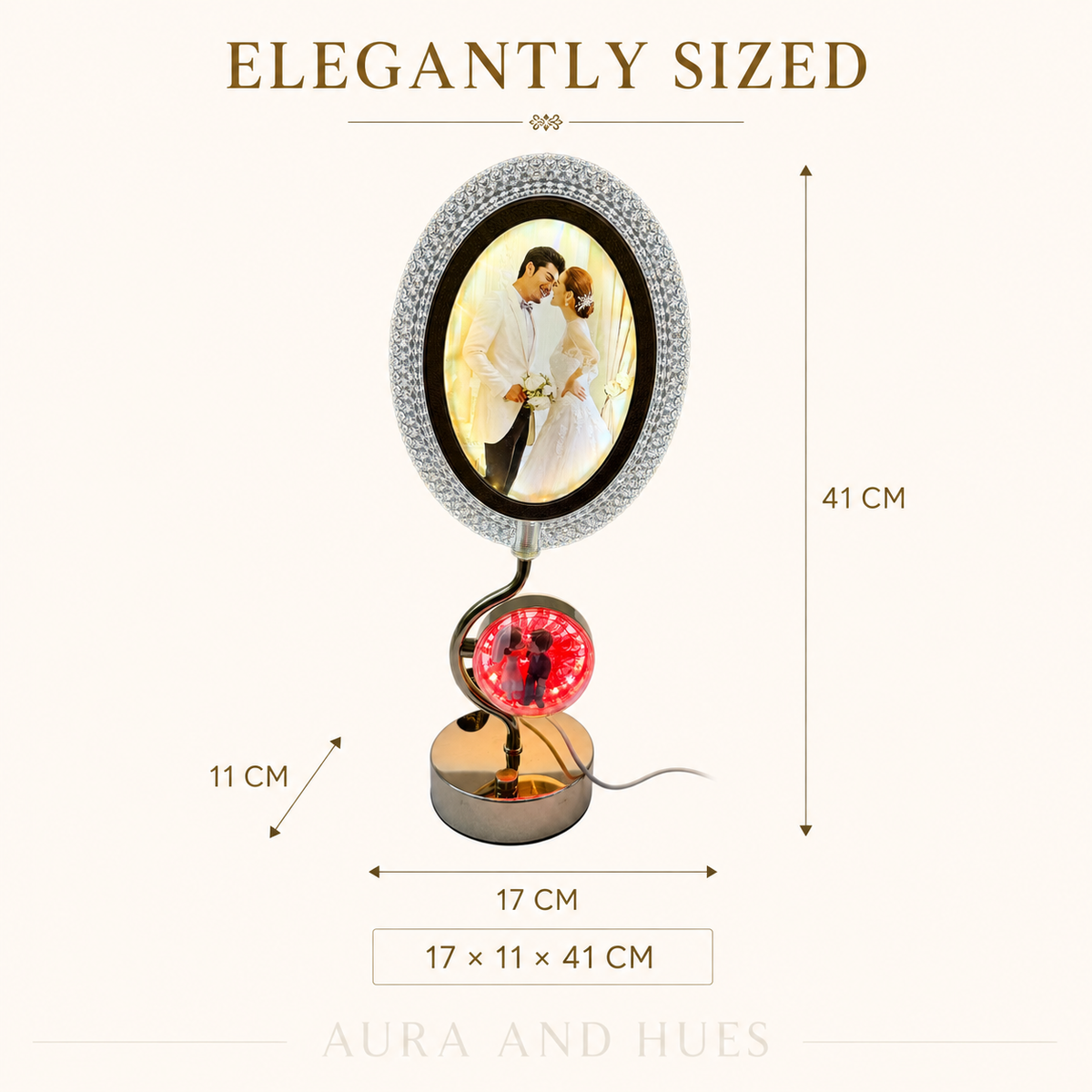 Crystal Diamond Oval LED Photo Frame Lamp gold stand with red LED crystal ball base - Aura and Hues
