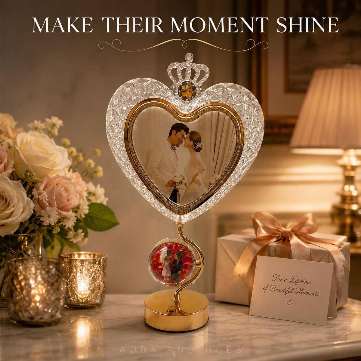 Royal detail of crystal heart photo frame with golden crown and amber gem