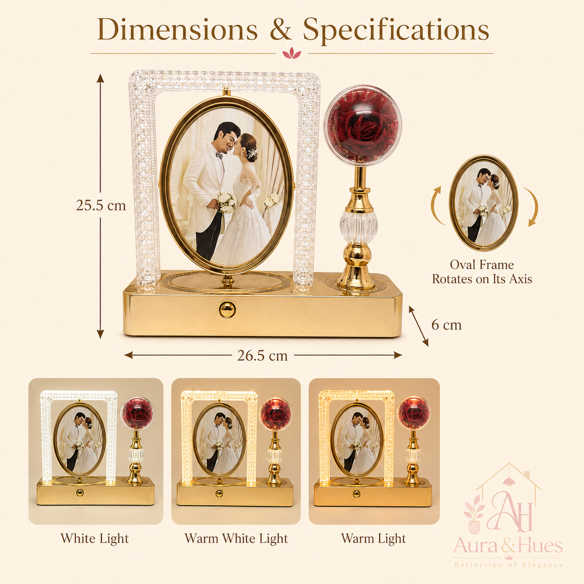 AS-50 rotating memory photo frame dimensions and 3 light colour modes – White, Warm White, Warm