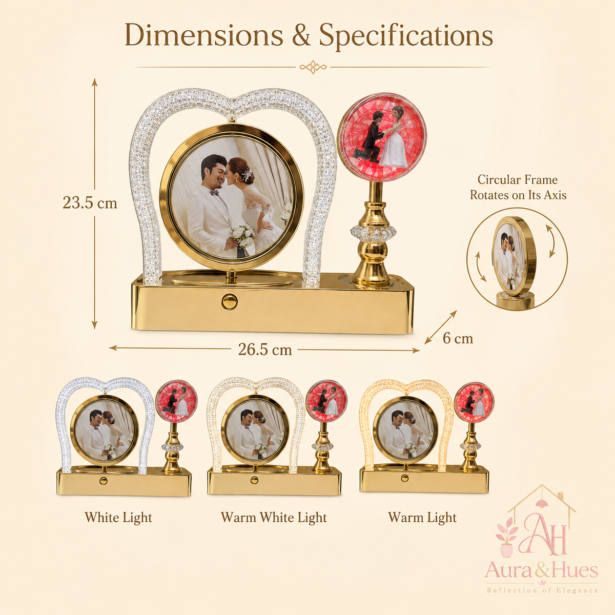 AS-51 dimensions and lighting infographic - 26.5x6x23.5 cm, 3 light colours