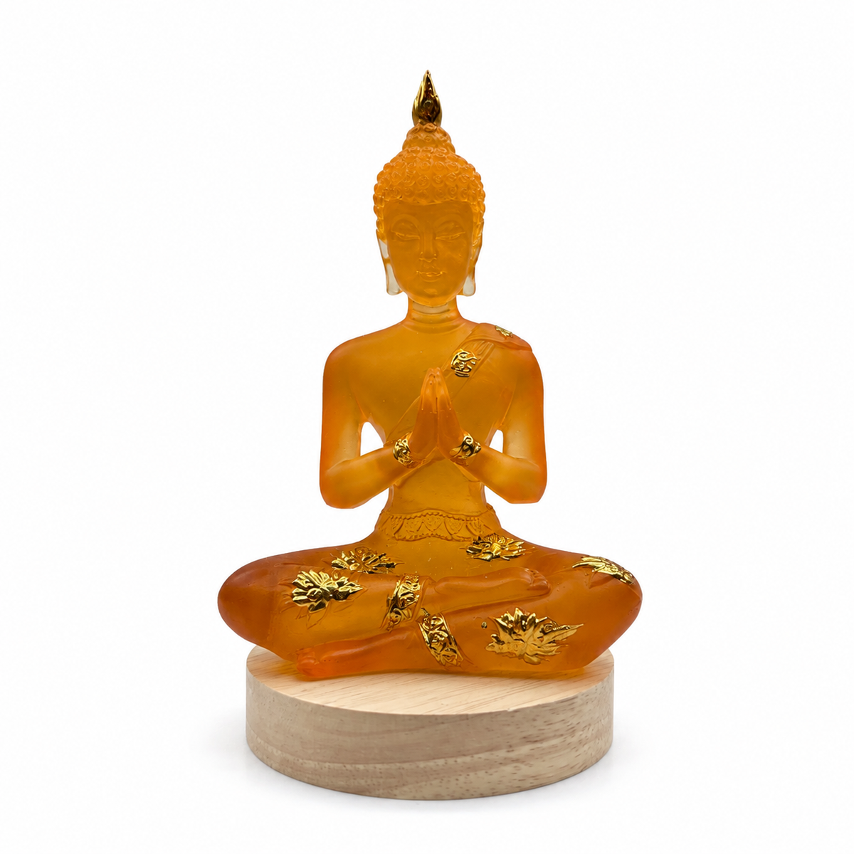 Aura of Serenity Buddha LED statue – features overview with warm LED glow, natural wood stand and USB power