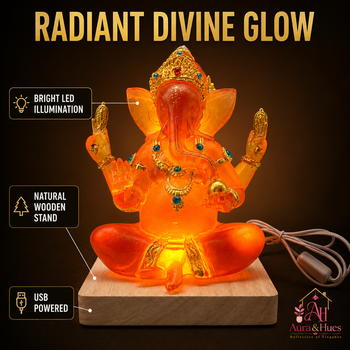 Ganesha LED idol on natural wooden stand – white background