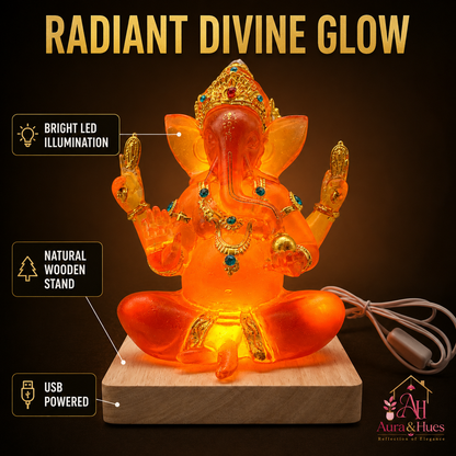 Ganesha LED idol on natural wooden stand – white background